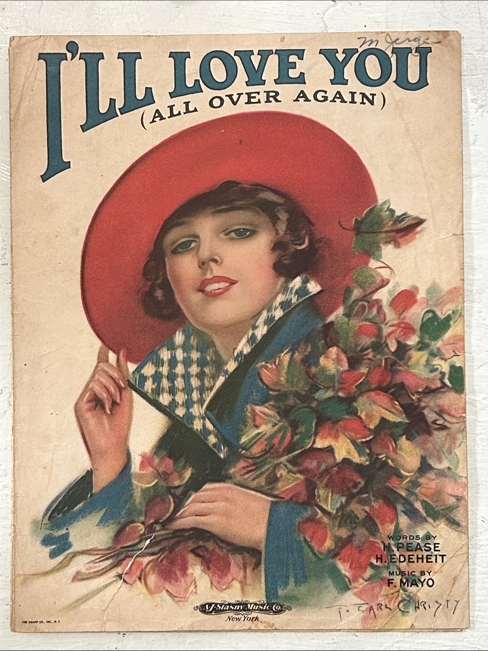 Antique 1920 Sheet Music Covered Lady in Red Hat